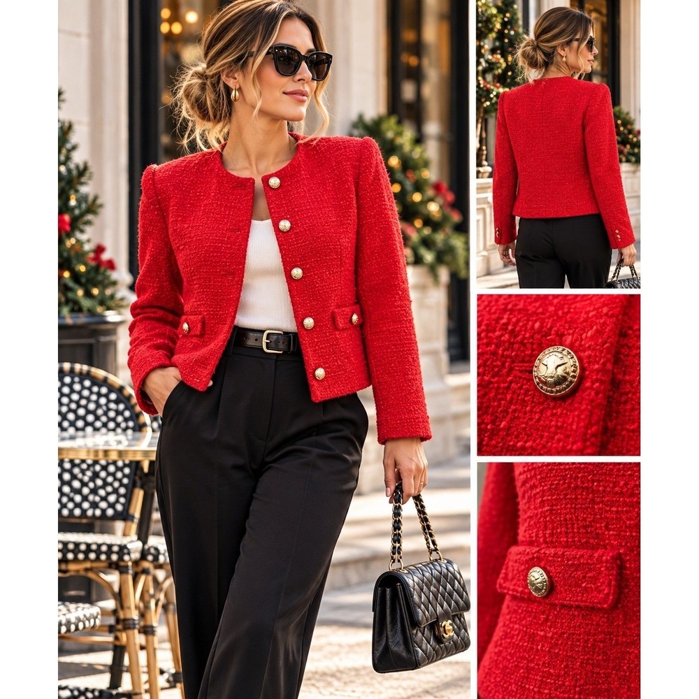 Nordstrom Rack Women M Red Boucle Tweed Jacket Gold Button Lady Blazer